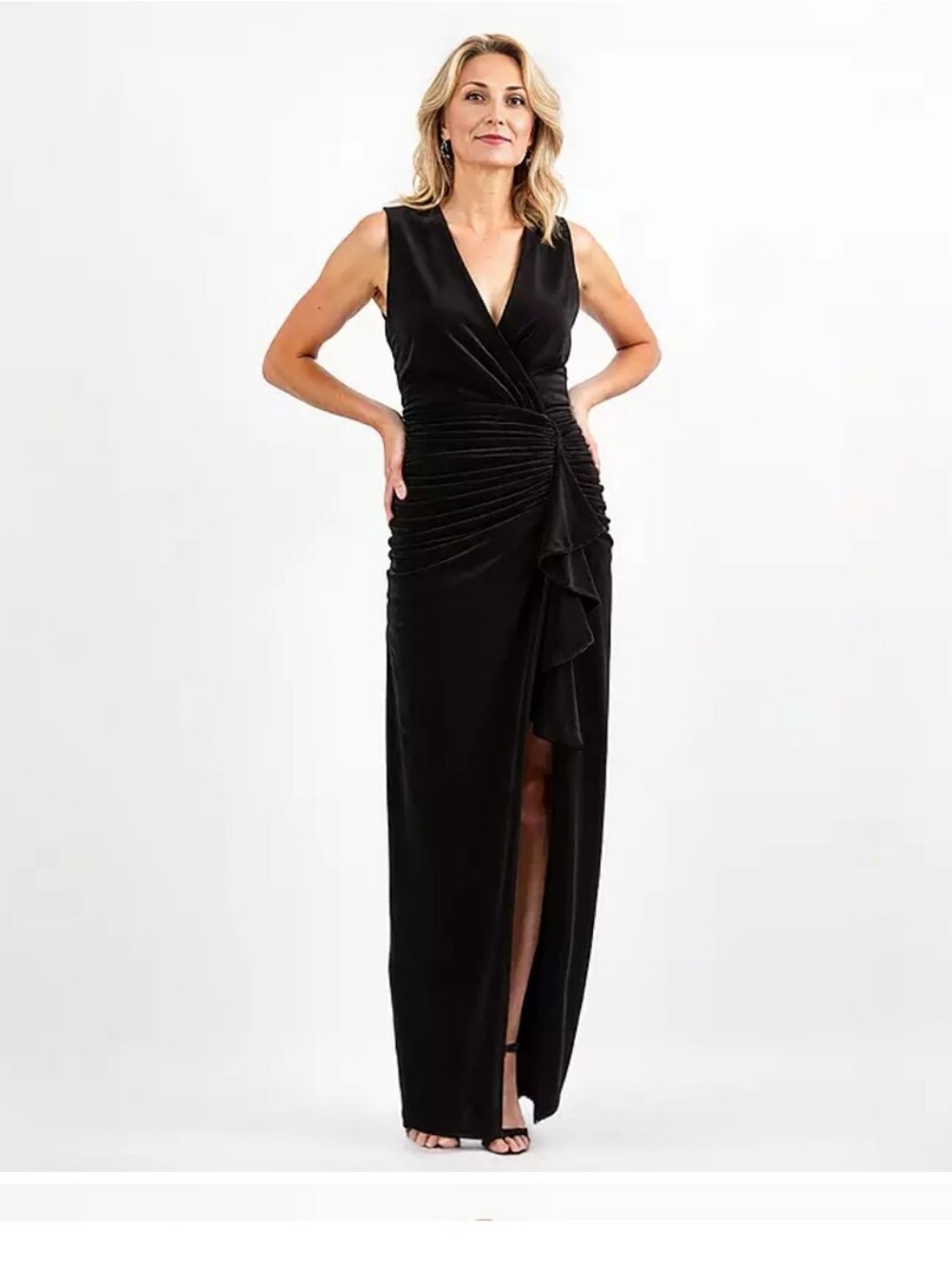 Sleeveless Black Velvet Front Black Maxi Dress with Ruched Side and Front Slit